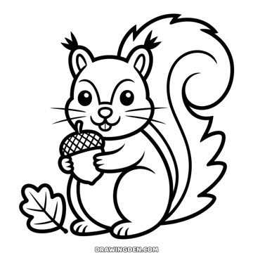 Cute squirrel sitting with an acorn in its paws and a curly tail, a fall leaf on the ground beside it