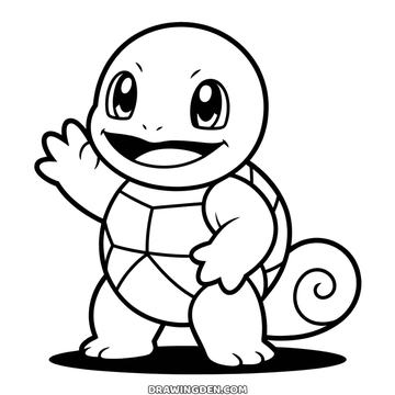 Pokémon Squirtle boyama sayfası, tek patisi havada duruyor ve kabuğunun arkasından kıvrık kuyruğu çıkıyor