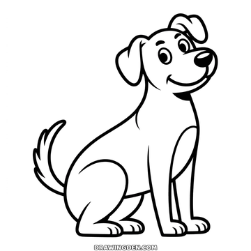 Standing dog drawing side on with its tail raised and mouth open, four legs on the ground