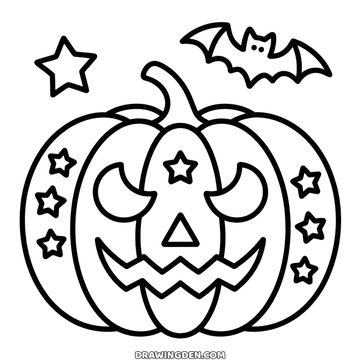 Starry Halloween pumpkin coloring page with star shaped eyes, stars cut into the rind and a bat above