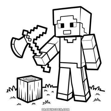 Minecraft Steve holding up an axe beside a tree stump, standing on a patch of grass