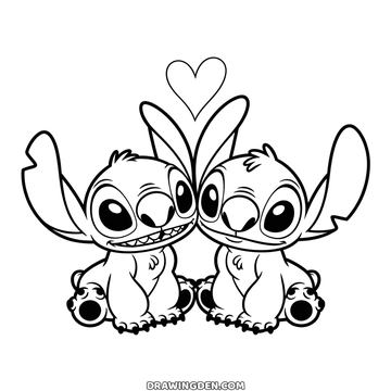 Stitch and Angel sitting side by side with a heart floating above them, two characters on one page