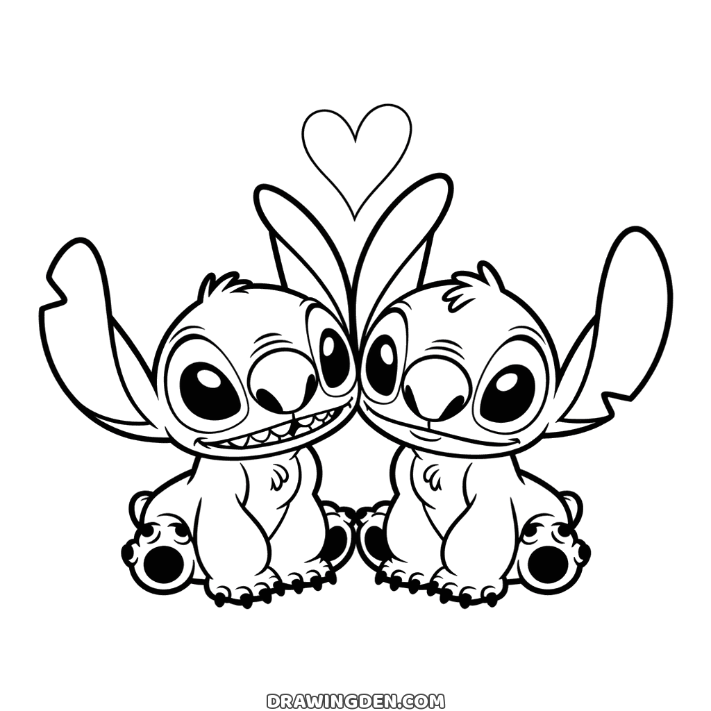 Stitch e Angel seduti uno accanto all'altra con le orecchie che si toccano e un cuore sospeso sopra