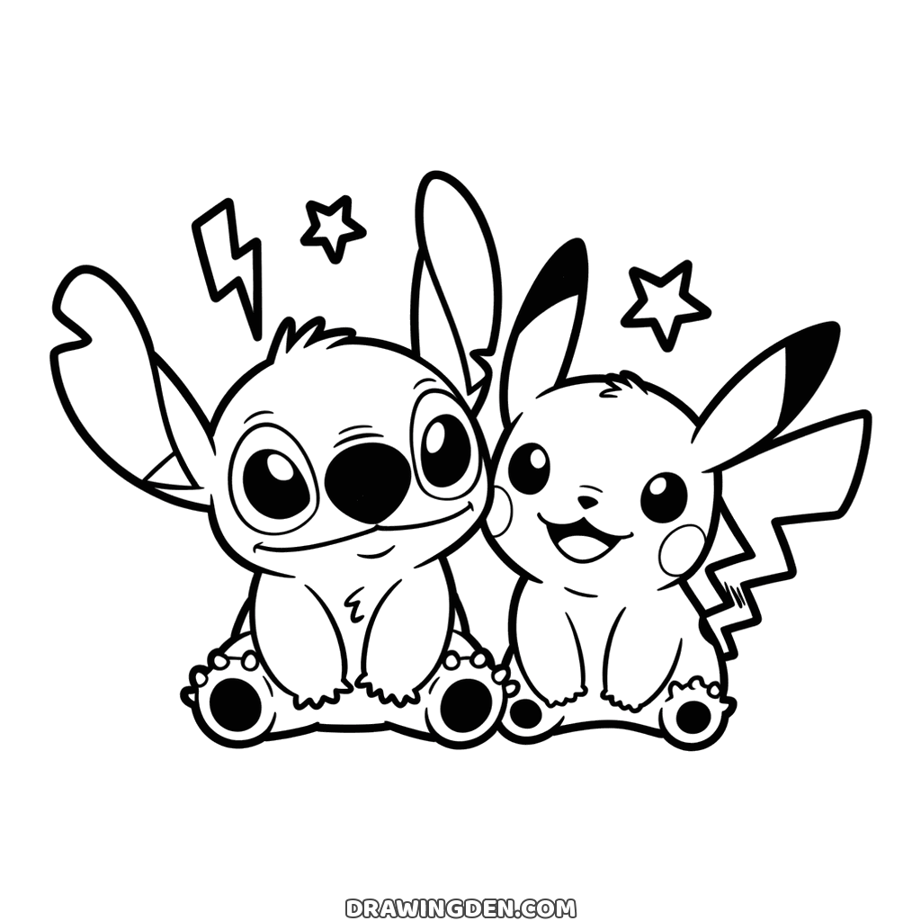 Stitch and Pikachu the Pokémon sitting side by side, a lightning bolt and two stars above them and Pikachu's zigzag tail behind