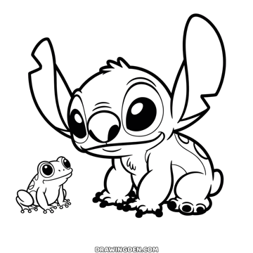 Stitch crouched on all fours, peering down at a small frog beside his foot, the spots on his back showing