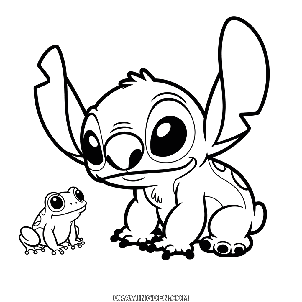 Stitch crouched on all fours, peering down at a small frog beside his foot, the spots on his back showing