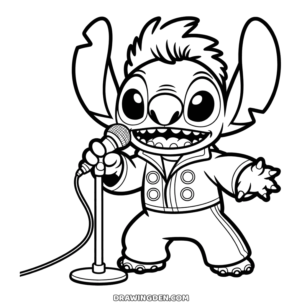 Stitch dressed as Elvis with a quiff and a buttoned jumpsuit, singing into a microphone on a stand