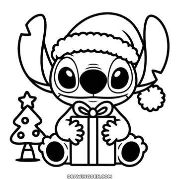 Stitch sitting at Christmas in a Santa hat with a wrapped present in his paws and a small decorated tree beside him