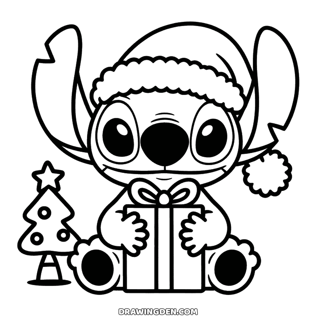 Stitch sitting at Christmas in a Santa hat with a wrapped present in his paws and a small decorated tree beside him
