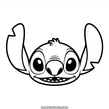 Stitch face coloring page showing only the head with both ears spread wide and an open smile