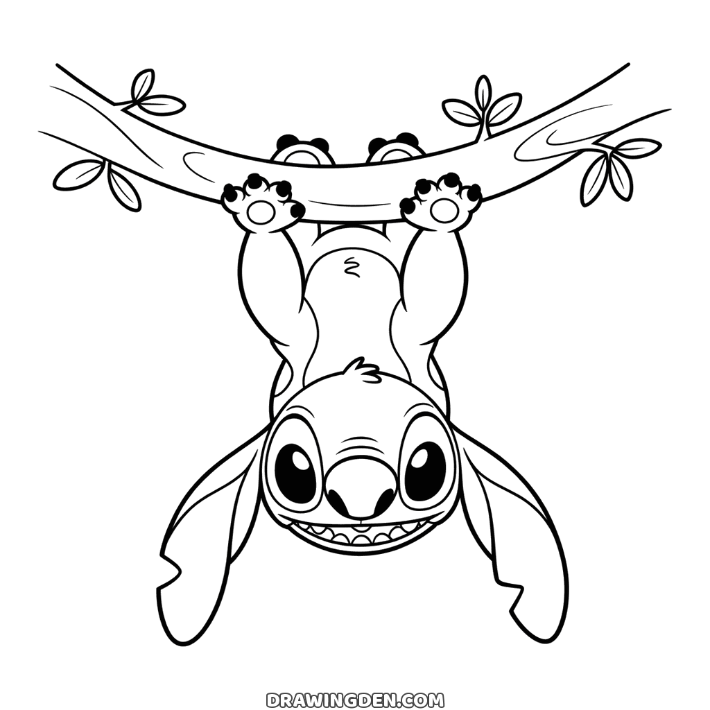 Stitch hanging upside down from a branch by his hands and feet, ears dangling and teeth showing in a grin