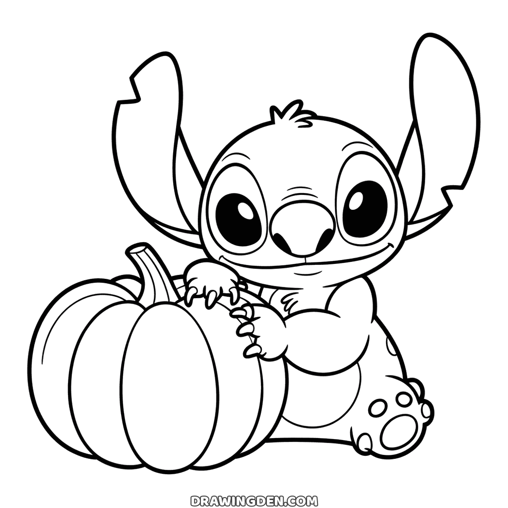 Stitch sitting next to a large ribbed fall pumpkin with a curved stem on his left, his paws resting on top of it