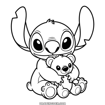 Stitch sitting and hugging a small teddy bear close to his chest, both smiling