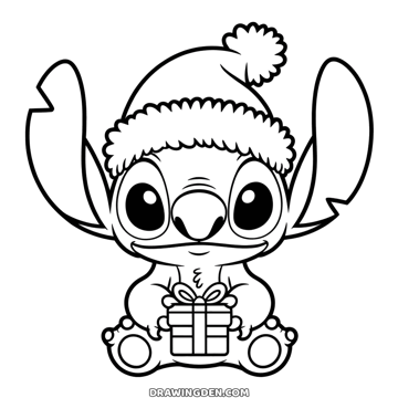 Stitch wearing a fluffy Christmas hat with a pompom, sitting with a small wrapped present in his paws