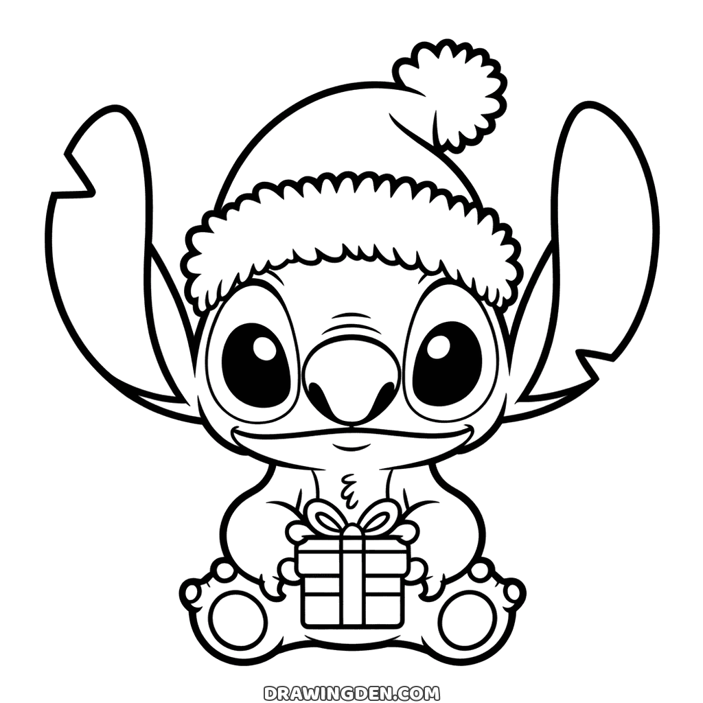 Stitch wearing a fluffy Christmas hat with a pompom, sitting with a small wrapped present in his paws