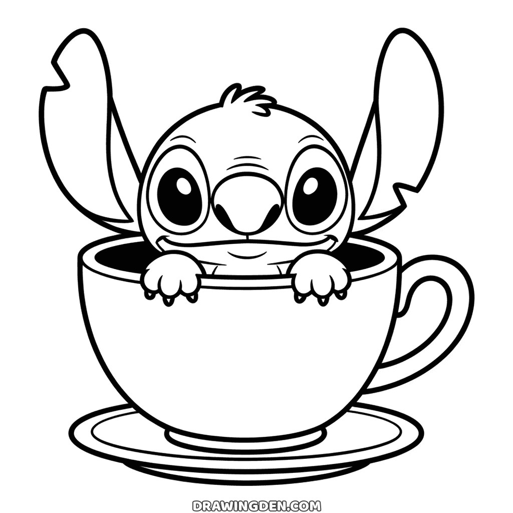 Little Stitch peeking over the rim of a big teacup on a saucer, paws resting on the edge