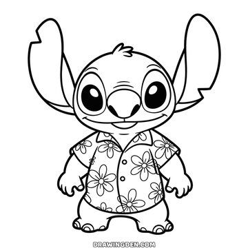 Stitch standing in an open Hawaiian shirt covered in flowers, both ears up and arms by his sides