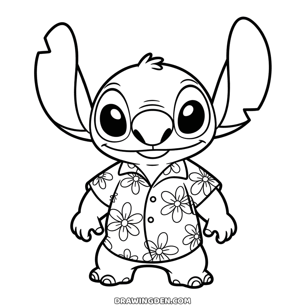 Stitch çiçeklerle kaplı açık bir Hawaii gömleğiyle ayakta, iki kulağı yukarıda ve kolları yanlarında, boyama sayfası