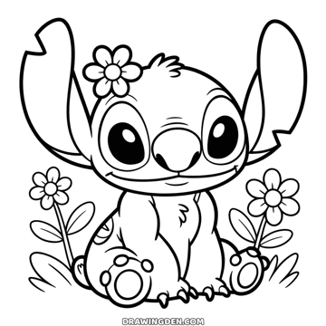 Stitch sitting on the grass with a small flower by his ear and two tall flowers growing beside him in the grass