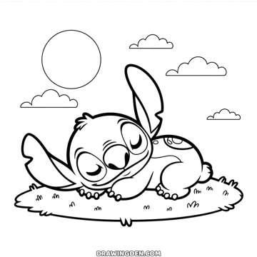 Stitch napping on his front on a patch of grass, eyes closed and one ear drooping, the sun and small clouds in the sky above