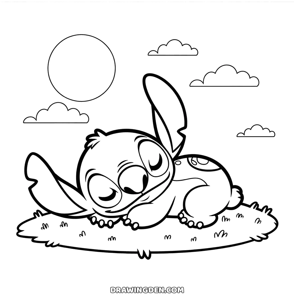 Stitch napping on his front on a patch of grass, eyes closed and one ear drooping, the sun and small clouds in the sky above