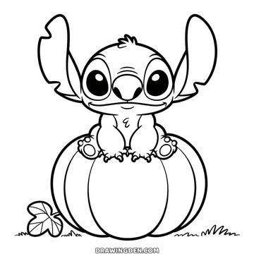 Cadılar bayramı Stitch boyama sayfası, iki kulağı dik hâlde büyük yivli bir balkabağının üstünde oturuyor