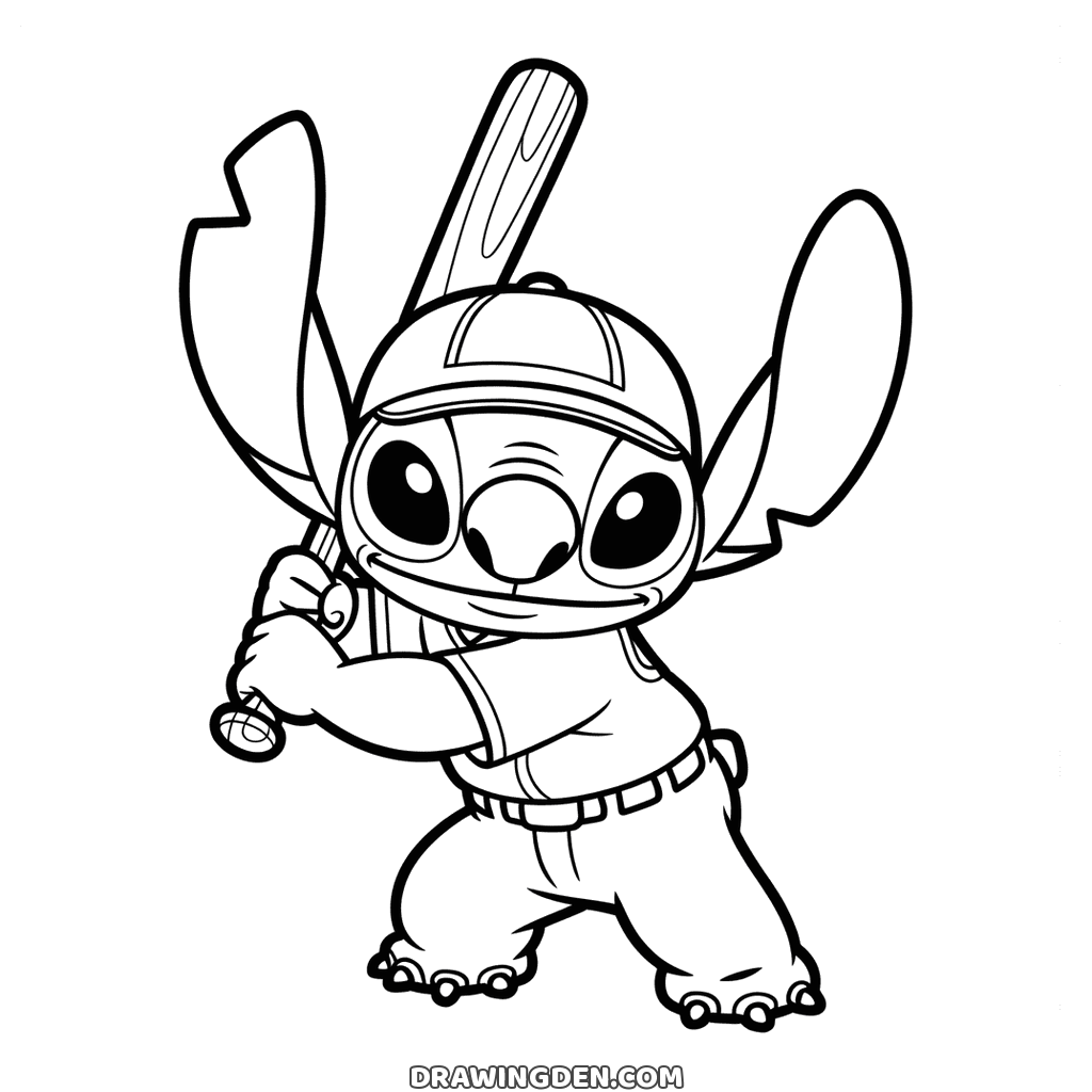 Stitch in a baseball cap, shirt and belted trousers, holding a wooden bat over his shoulder in both paws, ready to swing