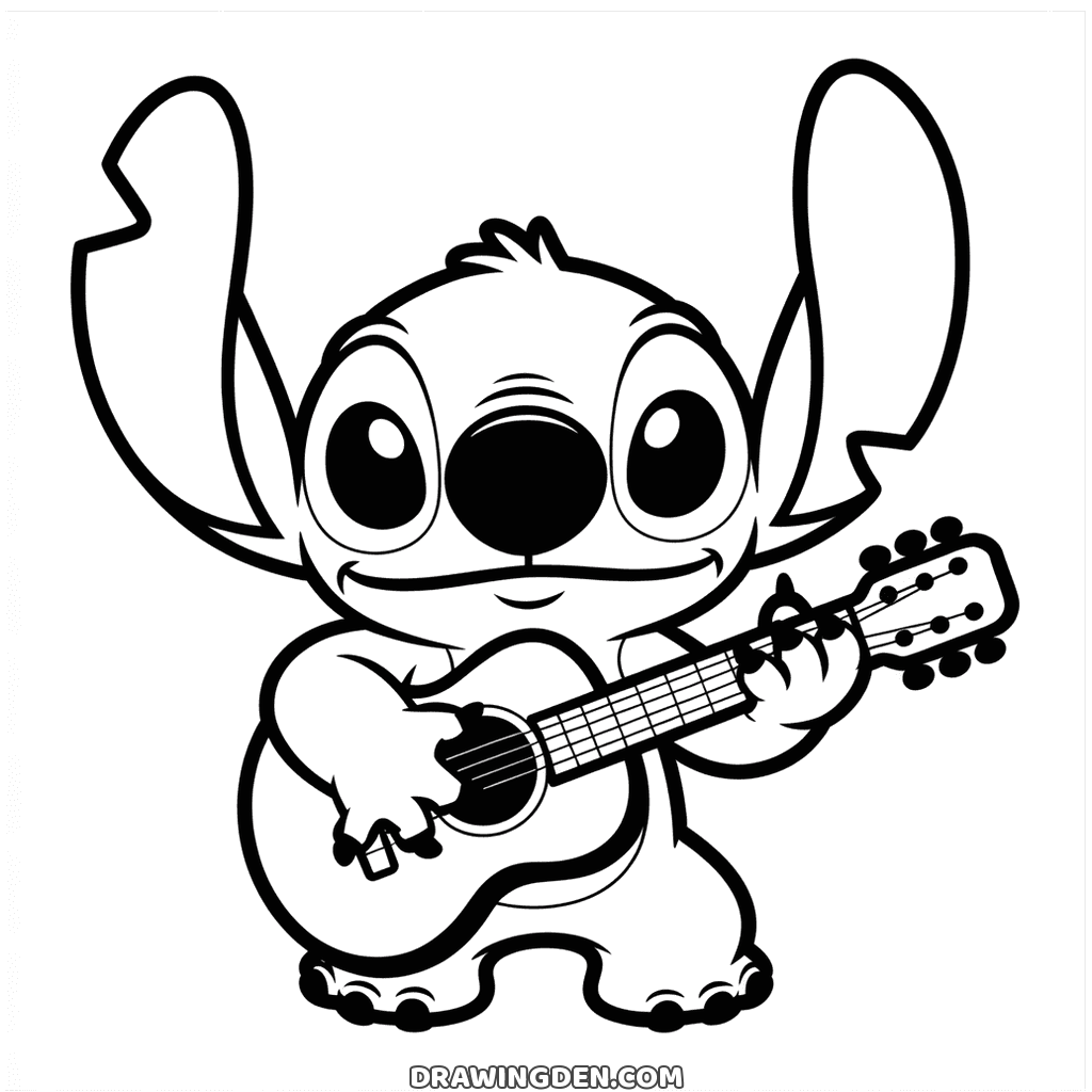 Stitch tocando un ukelele cruzado sobre el cuerpo con las cuerdas y los trastes dibujados, página detallada