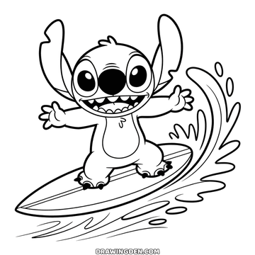 Stitch surfing on a board through a curling wave with his arms out for balance, action page to print