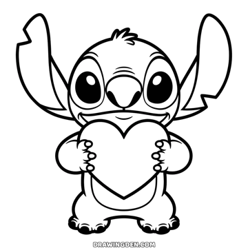 Stitch holding a big heart in front of his tummy with both paws, Valentine's Day drawing to color