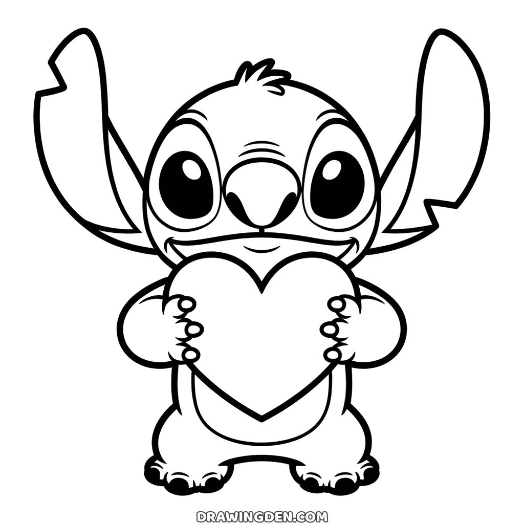 Stitch holding a big heart in front of his tummy with both paws, Valentine's Day drawing to color
