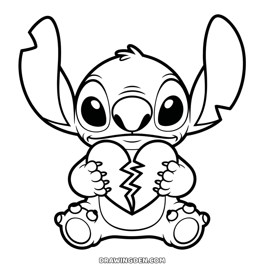 Stitch sitting with a heart split down the middle by a zigzag crack, held against his tummy