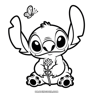 Stitch with one daisy on a long stem in his paws, a small butterfly fluttering above his ear