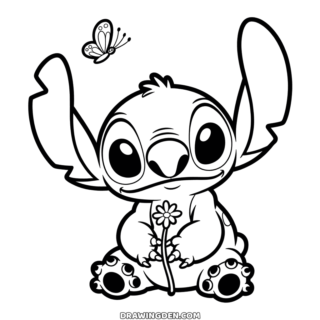 Stitch with one daisy on a long stem in his paws, a small butterfly fluttering above his ear