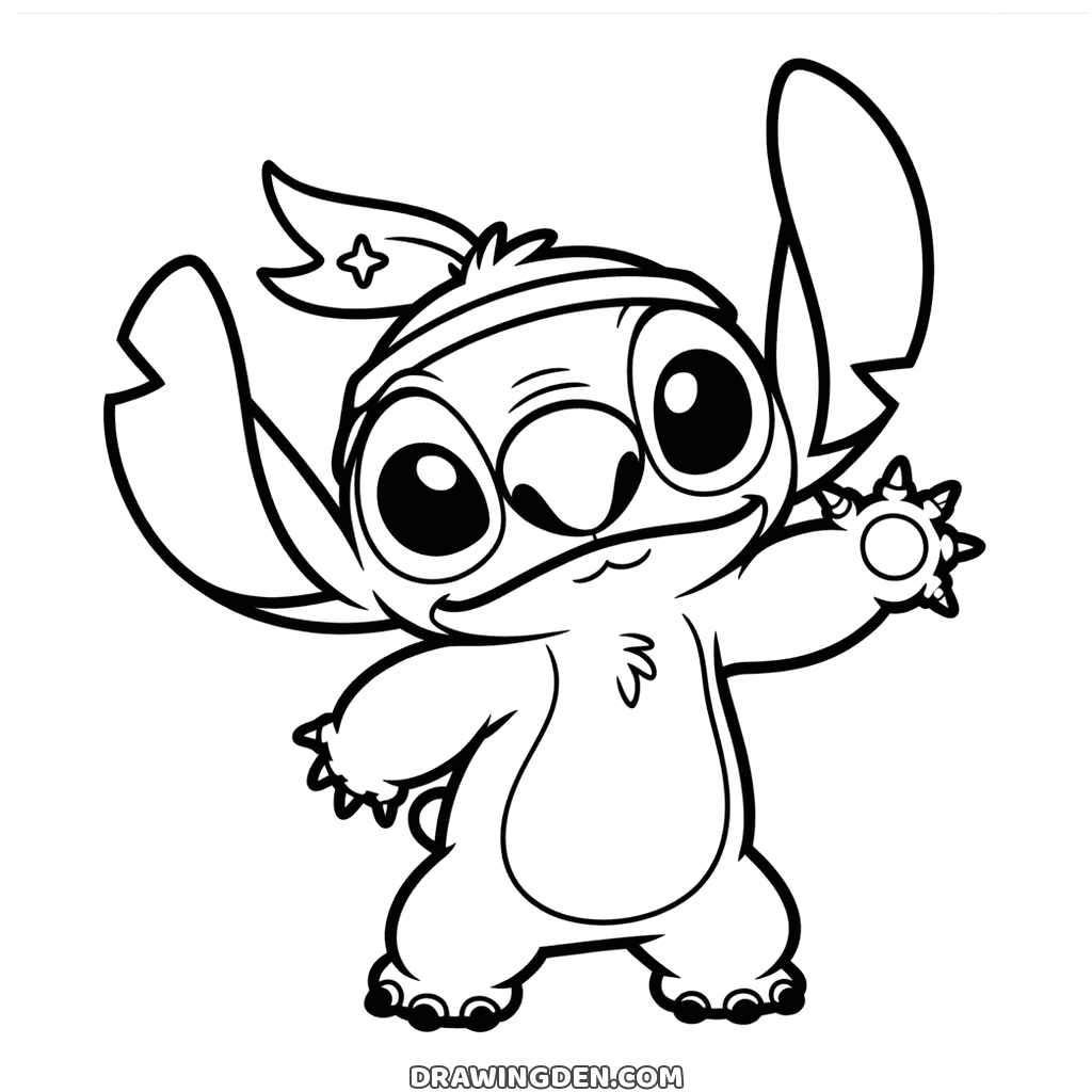 Stitch standing in an anime style headband with long tails flying, one paw raised palm out and a confident smile