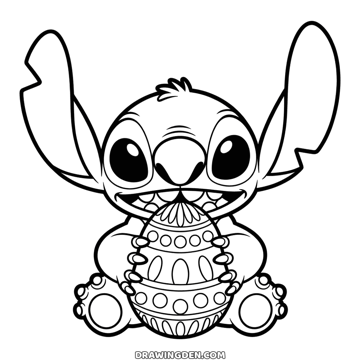Stitch with a large Easter egg held in both paws, decorated with dots, stripes and ovals, grinning wide