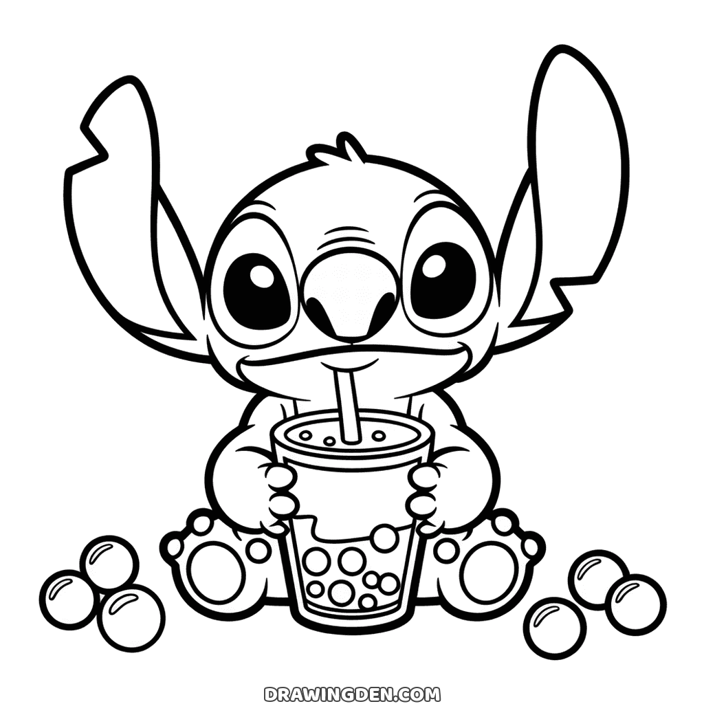 Stitch uzun bir bubble tea bardağını pipetiyle ve dibindeki yuvarlak incilerle tutuyor, tatlı sayfa, boyama