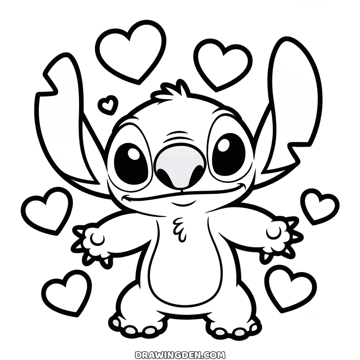 Stitch standing with his arms spread wide and a smile, surrounded by floating hearts of different sizes