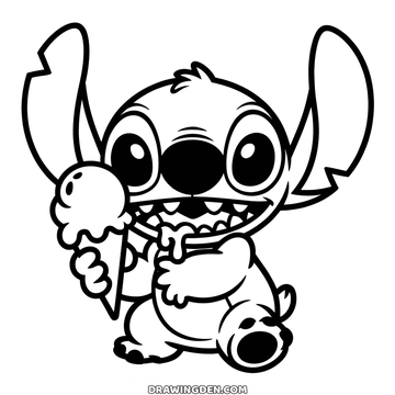 Stitch holding an ice cream cone with two scoops up beside his head, cute page to print and color
