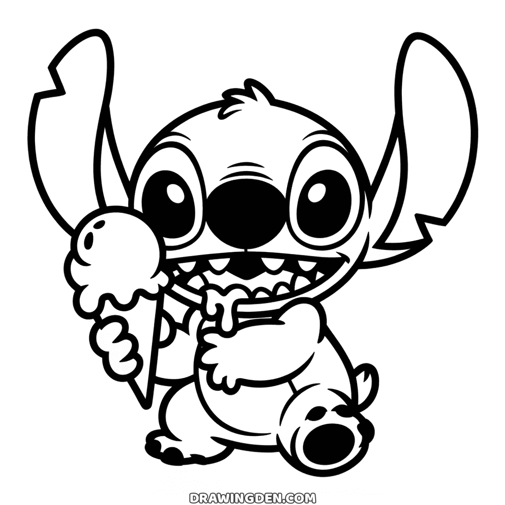 Stitch holding an ice cream cone with two scoops up beside his head, cute page to print and color