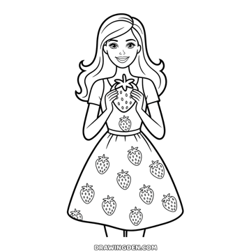 Barbie holding a big strawberry in both hands at her chest, her full skirt printed with strawberries