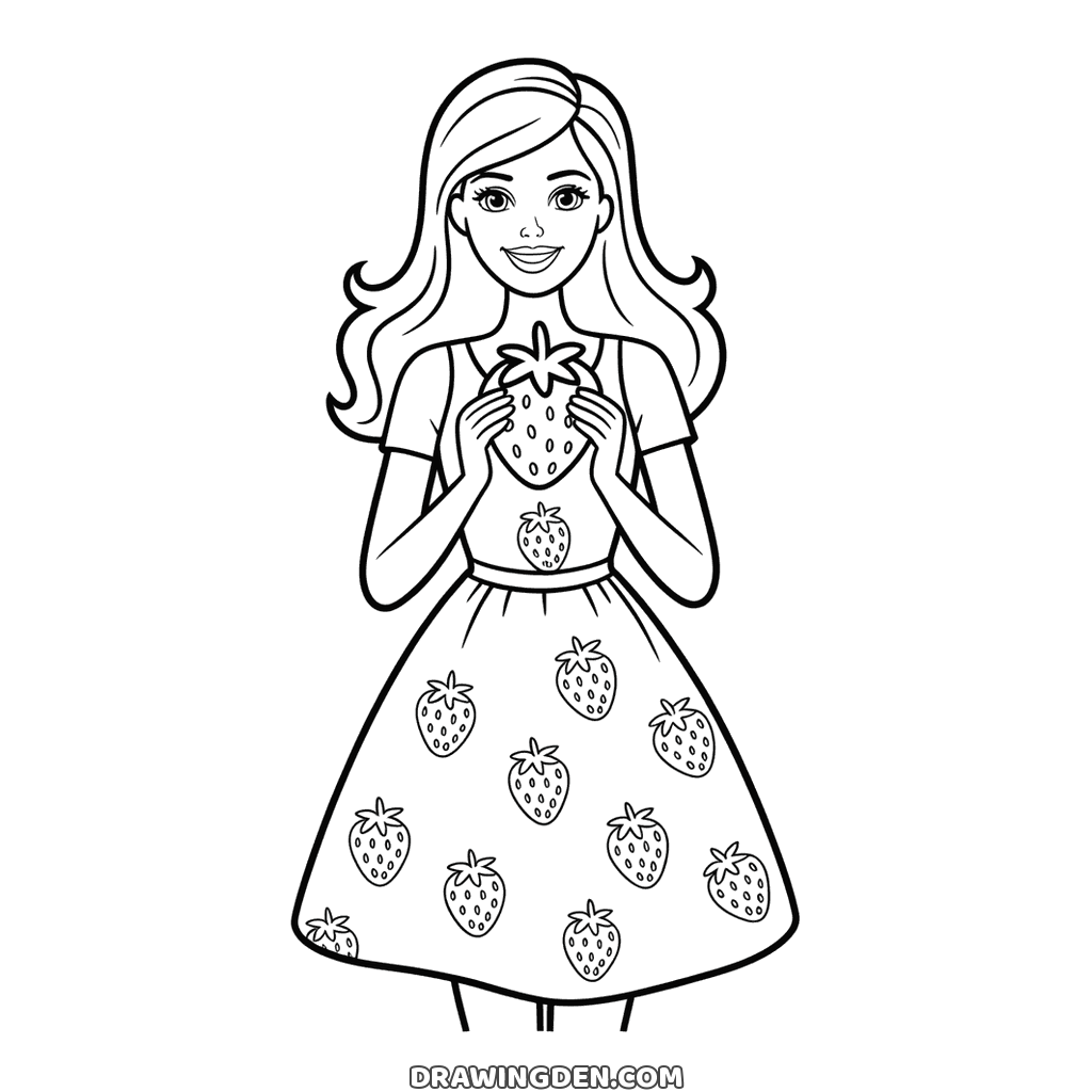 Barbie holding a big strawberry in both hands at her chest, her full skirt printed with strawberries