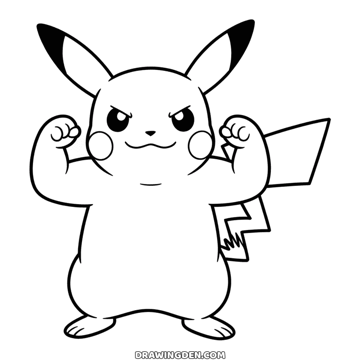 Pokémon Pikachu standing and flexing both arms like a strongman, eyebrows lowered in a determined look and a small closed smile