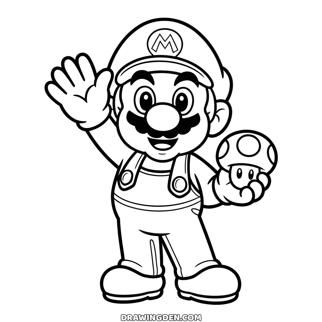 Super Mario in his cap and overalls waving one gloved hand and holding a small spotted mushroom in the other