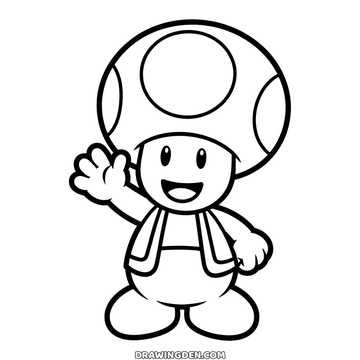 Toad from Mario with his big spotted mushroom head and little vest, smiling and waving one hand