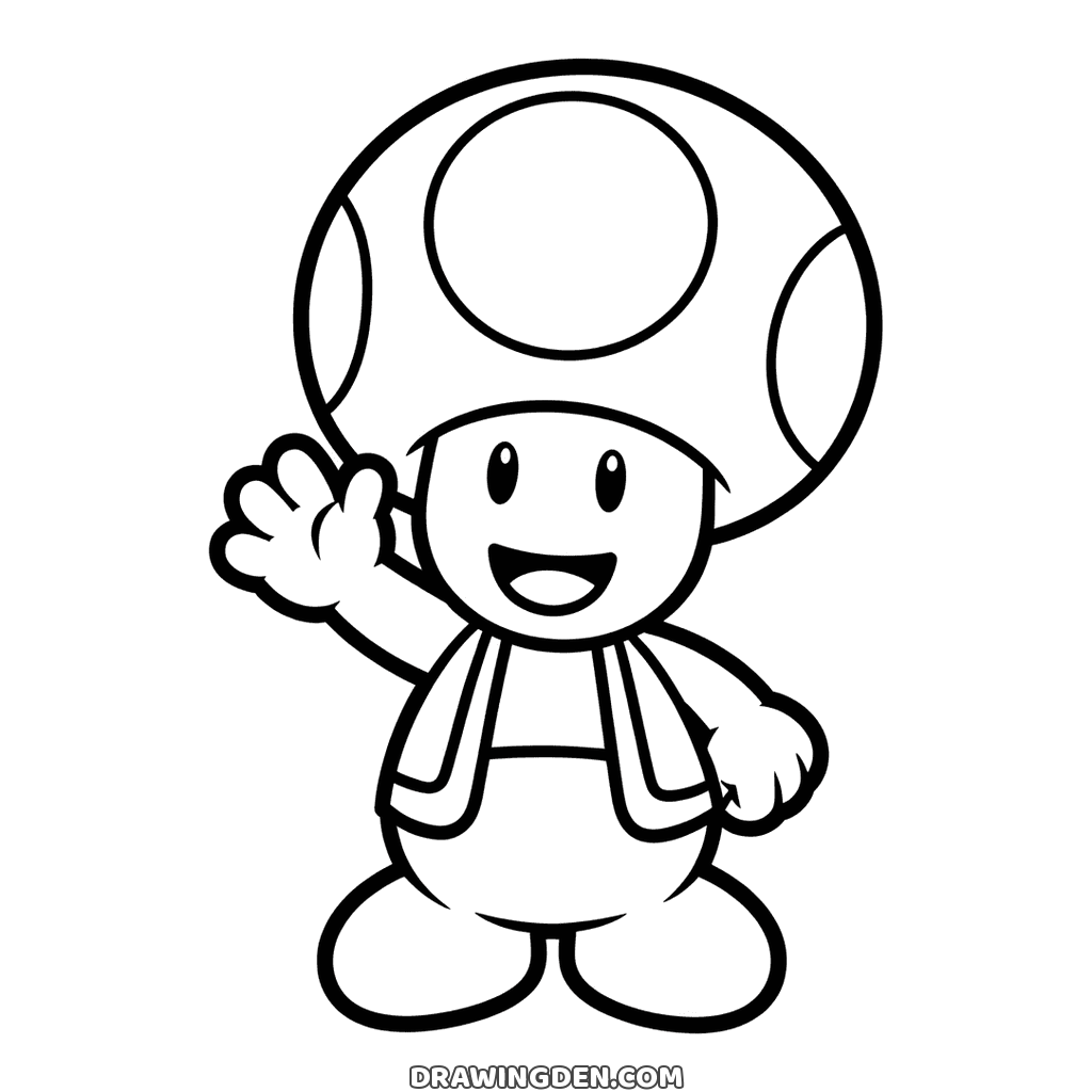 Toad from Mario with his big spotted mushroom head and little vest, smiling and waving one hand
