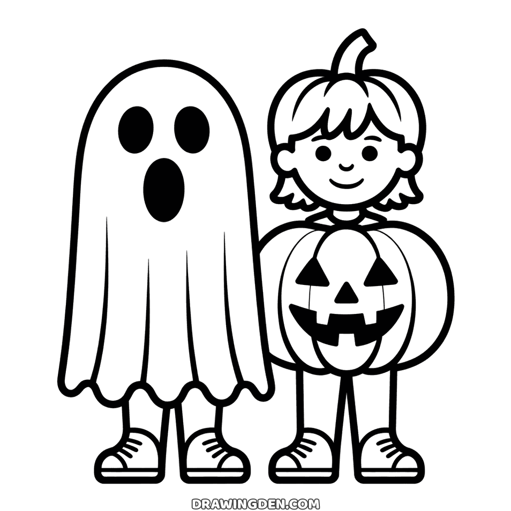 Two Halloween kids in costume side by side, one dressed as a ghost and one as a carved pumpkin