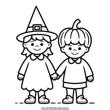 Two kids in halloween costume coloring page: a girl in a pointed witch hat and a boy in a pumpkin hat, holding hands