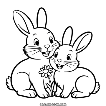 A large rabbit and a small one sharing a flower between them, free coloring page for kids