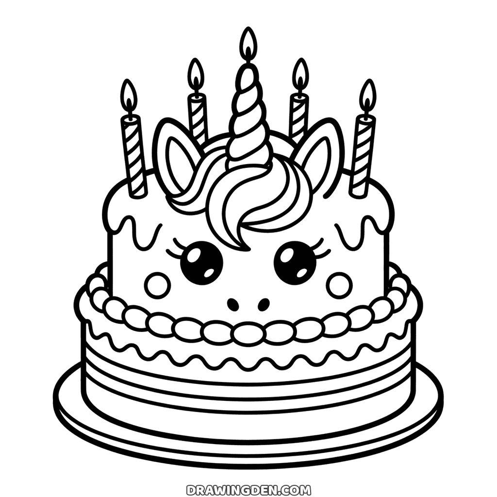Unicorn birthday cake with big eyes, a horn, ears and candles on top, frosting dripping down the sides and a beaded edge